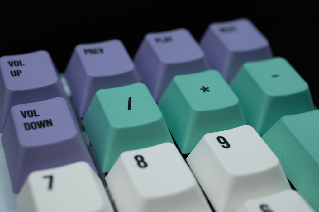 Close-up with keycaps mounted Close-up with keycaps mounted